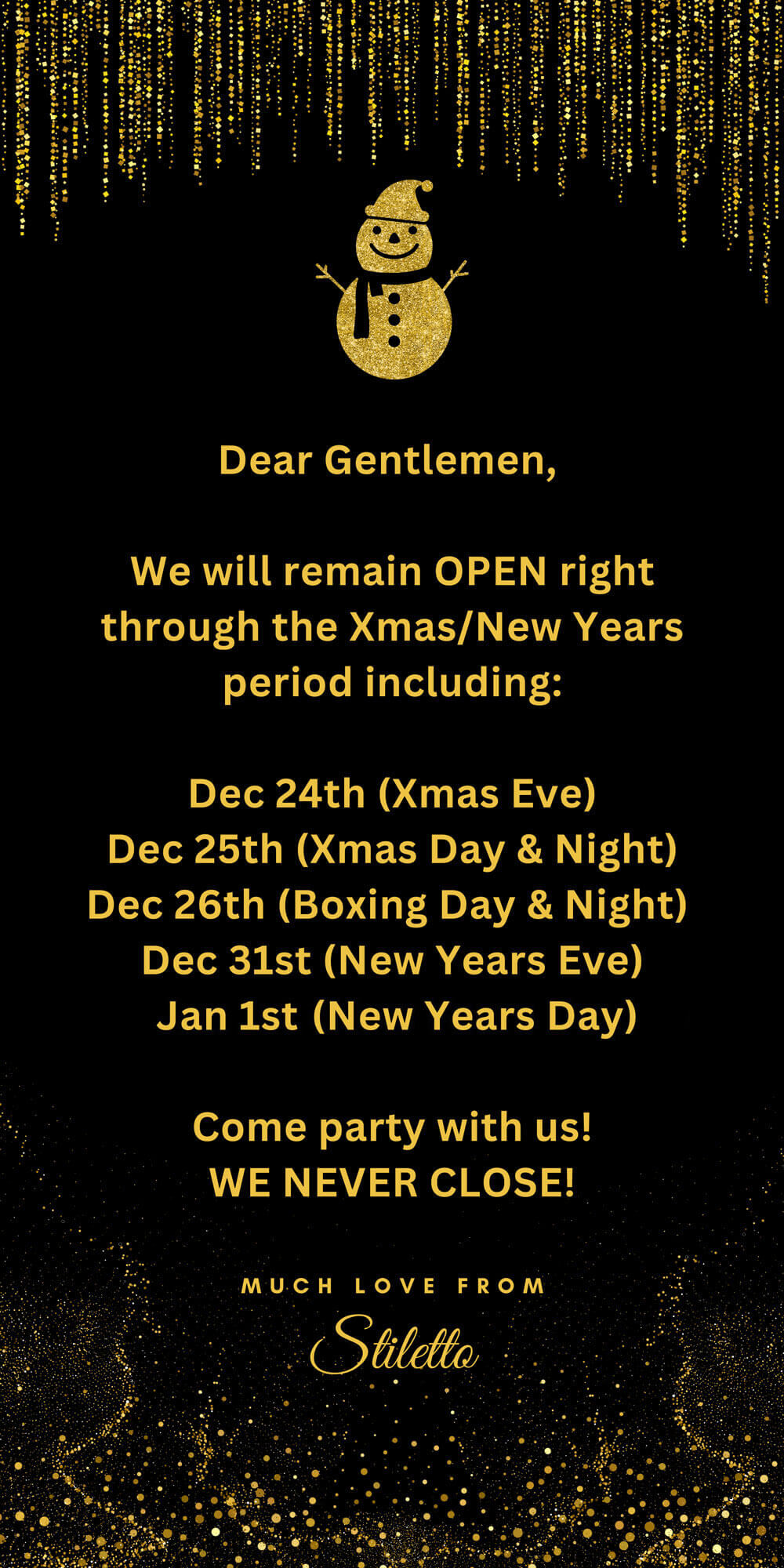 Stiletto Christmas & New Year trading hours